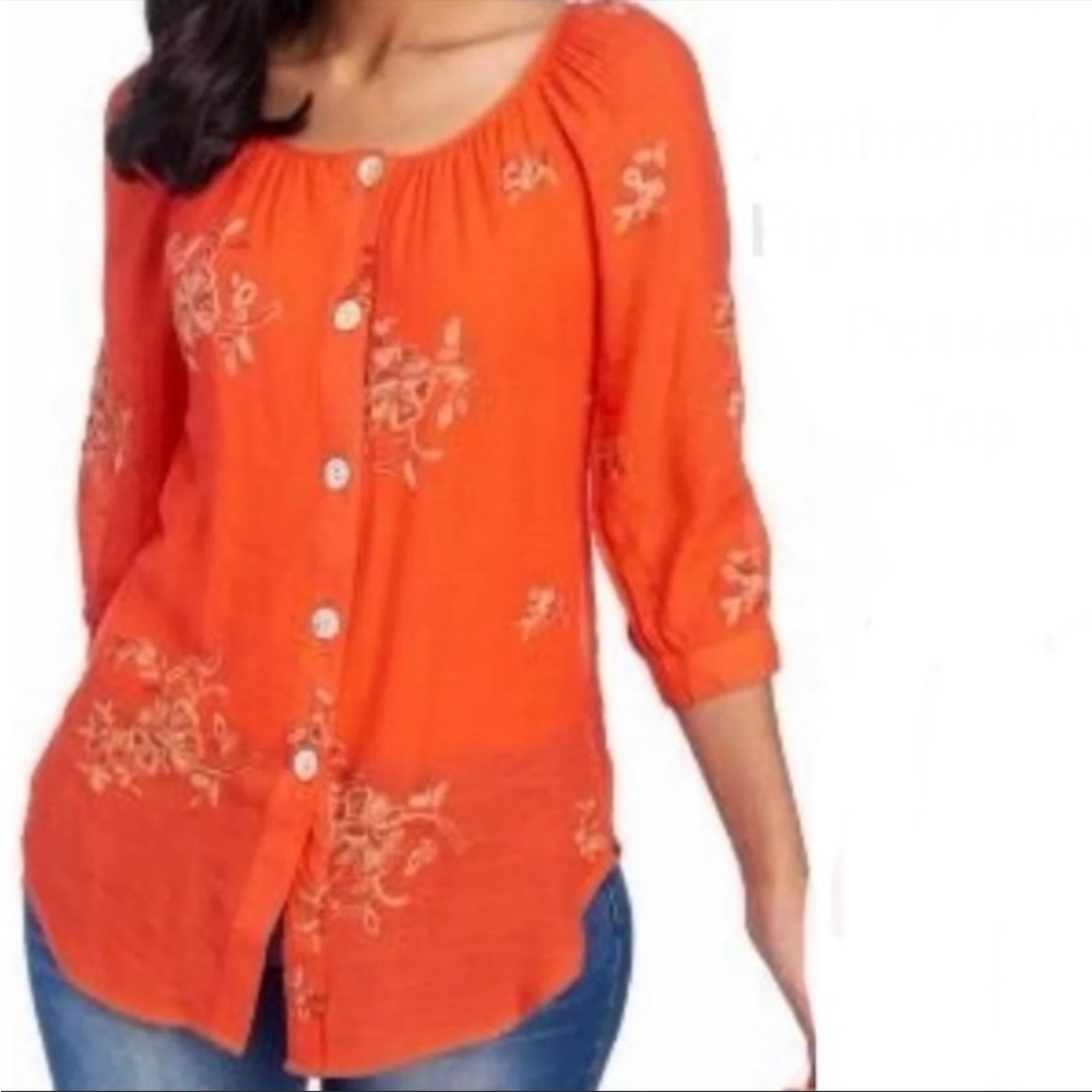 Anthro Fig and Flower Embroidered Tunic Top Large Romantic Boho